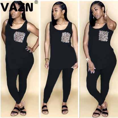 VAZN 2020 Women Sleeveless Slim Outfit Tracksuit Two Pieces Set Leopard Print Pocket Skinny Leggings Female Sportwear