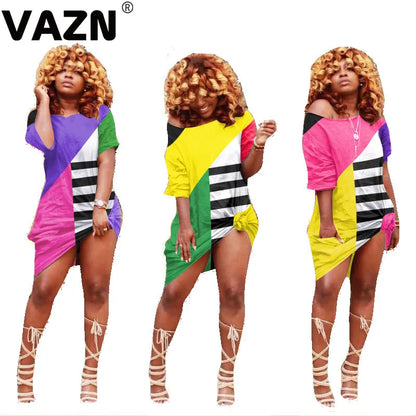 VAZN 2020 Summer Office Lady Women Deep Female Ladies Patchwork Dress Short Sleeve Deep Loose Dress Sexy Mini Beach Dress