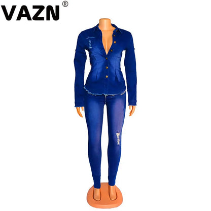 VAZN Shinny Sport Blue Casual Tracksuit for Women 2020 Denim Set full sleeve 2 Piece Sets Night Club Young Lady Sport Sets