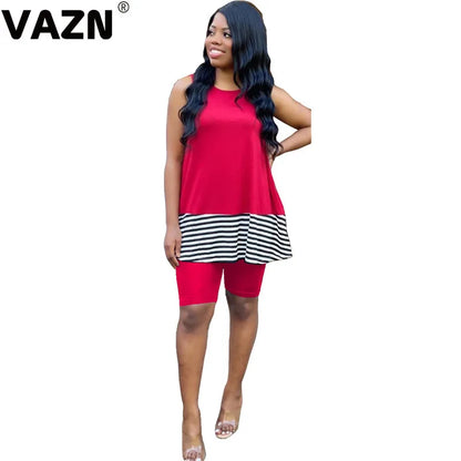 VAZN 2020 New Summer Energetic Sleeveless O-neck Short Pant 2PCs Set Casual Beach Clothing Ladies Women Sets