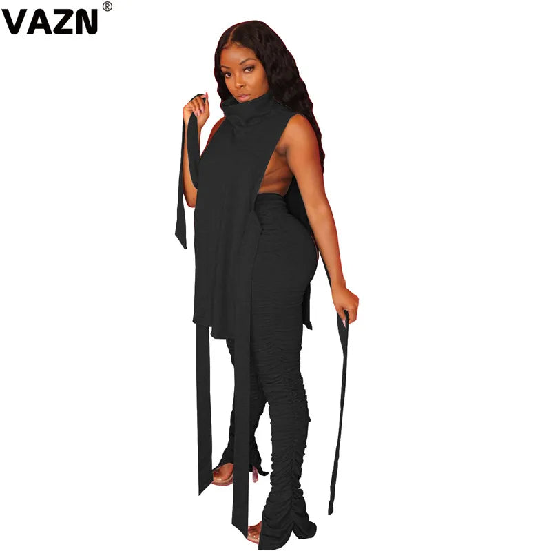 VAZN 2020 Hot Sale Women Casual Office Lady Solid Slash neck Outfit Two Pieces Set Sleeveless Full Pant Sport Running Sets