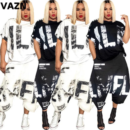 VAZN 2020 Hip Pop Street O-neck Two Piece Set Ink Sport 2 Piece Set Women Long Sleeve Loose Gym Autumn Sets