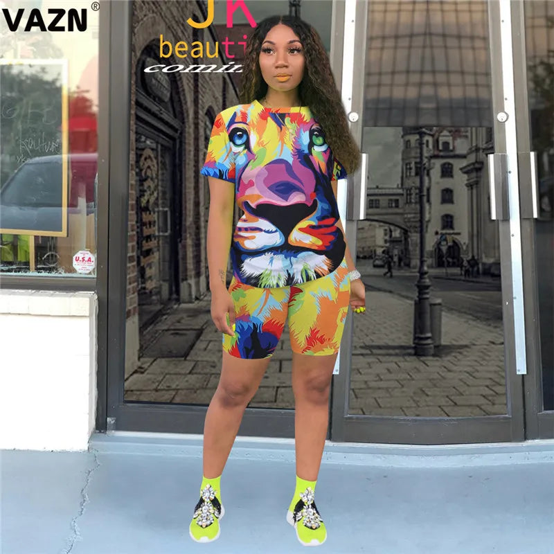 VAZN 2020 Sexy Tie Dye Two Piece Set V-neck Loose Elegant 2 Piece Set Women Short Sleeve Top And Short Pant Summer Sets