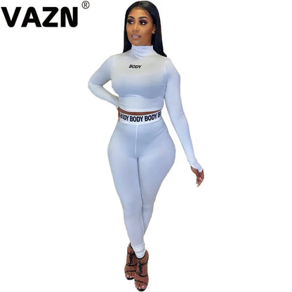 VAZN Women Long Sleeve CropTop Slim Outfit Tracksuit Two Pieces Set letter Print High elastic Skinny Leggings Female Sportswear