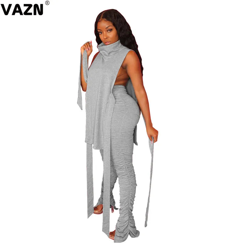 VAZN 2020 Hot Sale Women Casual Office Lady Solid Slash neck Outfit Two Pieces Set Sleeveless Full Pant Sport Running Sets