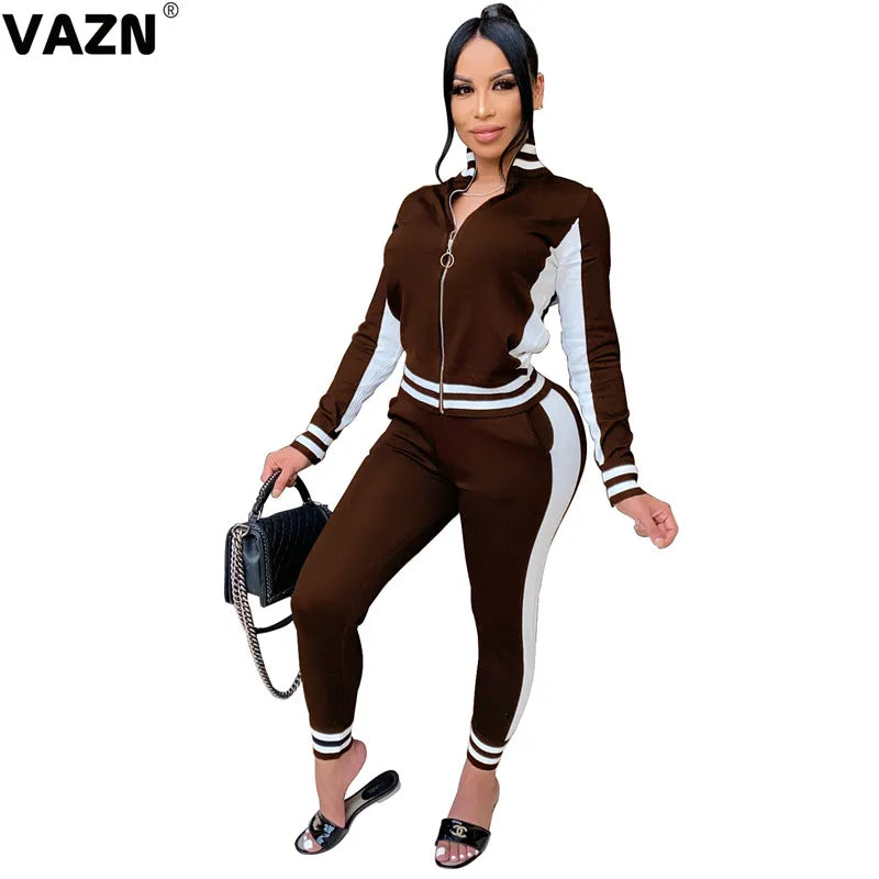 VAZN 2020 New Women Gym Sport Running Long Sleeve Zippers V-neck Set Casual Beach Clothing Ladies Women Sets