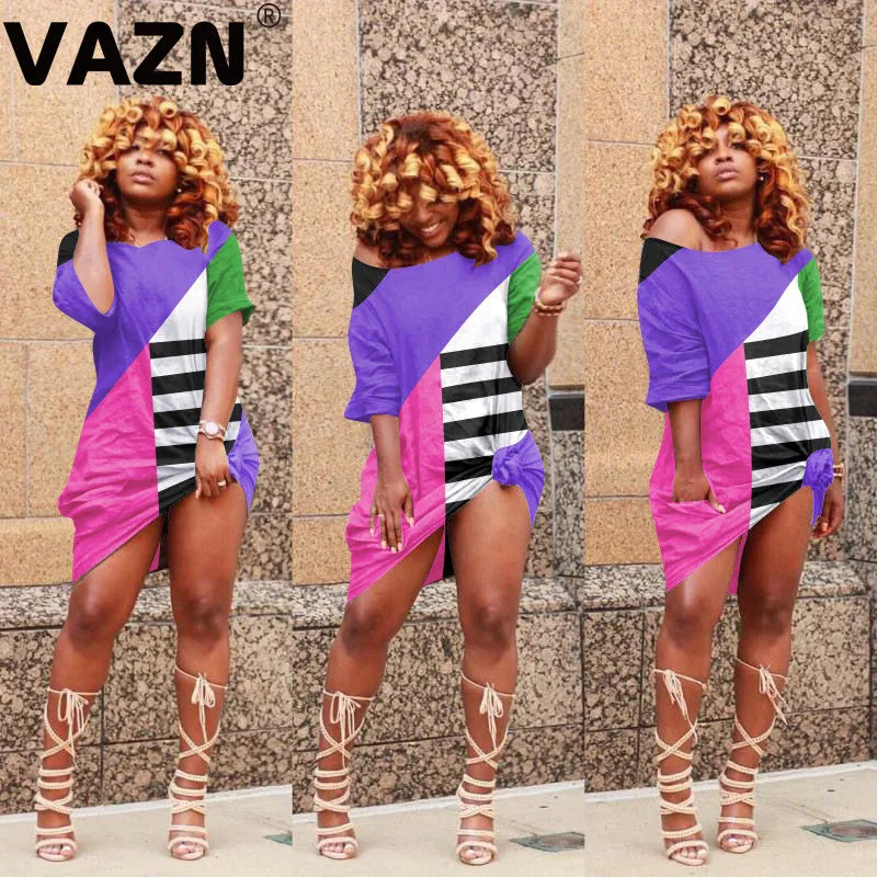 VAZN 2020 Summer Office Lady Women Deep Female Ladies Patchwork Dress Short Sleeve Deep Loose Dress Sexy Mini Beach Dress