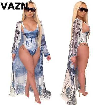 VAZN 2020 Summer Beach Wind Top Pant Matching Sets Sexy Club Birthday Outfits Sexy Pattern Print Mesh Spliced Two Piece Set