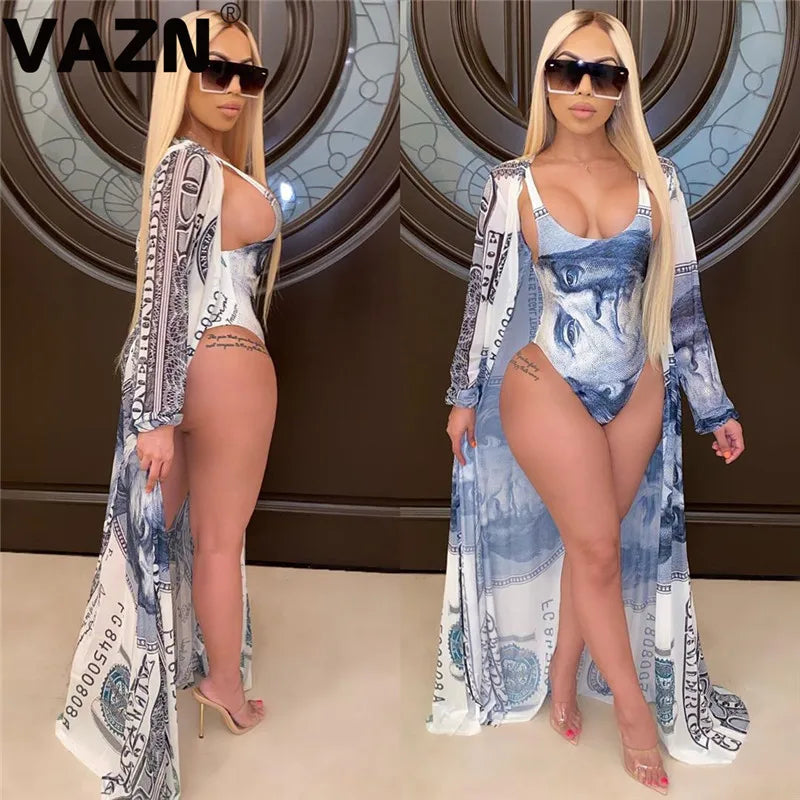 VAZN 2020 Summer Beach Wind Top Pant Matching Sets Sexy Club Birthday Outfits Sexy Pattern Print Mesh Spliced Two Piece Set