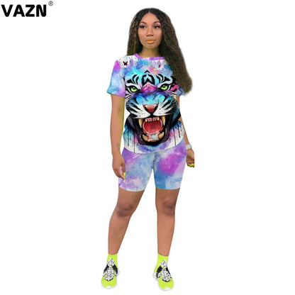 VAZN 2020 Sexy Tie Dye Two Piece Set V-neck Loose Elegant 2 Piece Set Women Short Sleeve Top And Short Pant Summer Sets