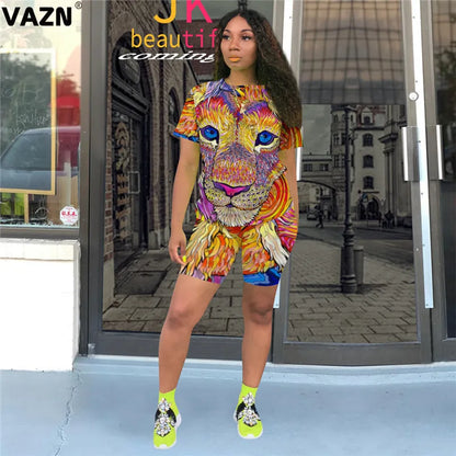 VAZN 2020 Sexy Tie Dye Two Piece Set V-neck Loose Elegant 2 Piece Set Women Short Sleeve Top And Short Pant Summer Sets