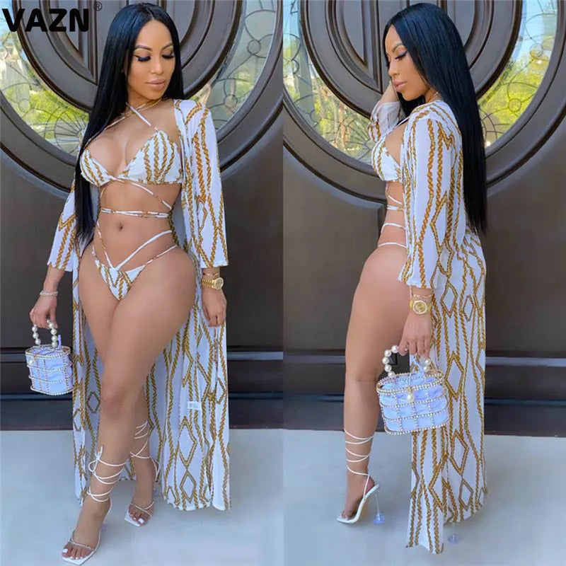 VAZN 2020 New Beach Boho Night Party Sexy Print Outfits Women Full Sleeve Short Pant Summer Holiday Sets