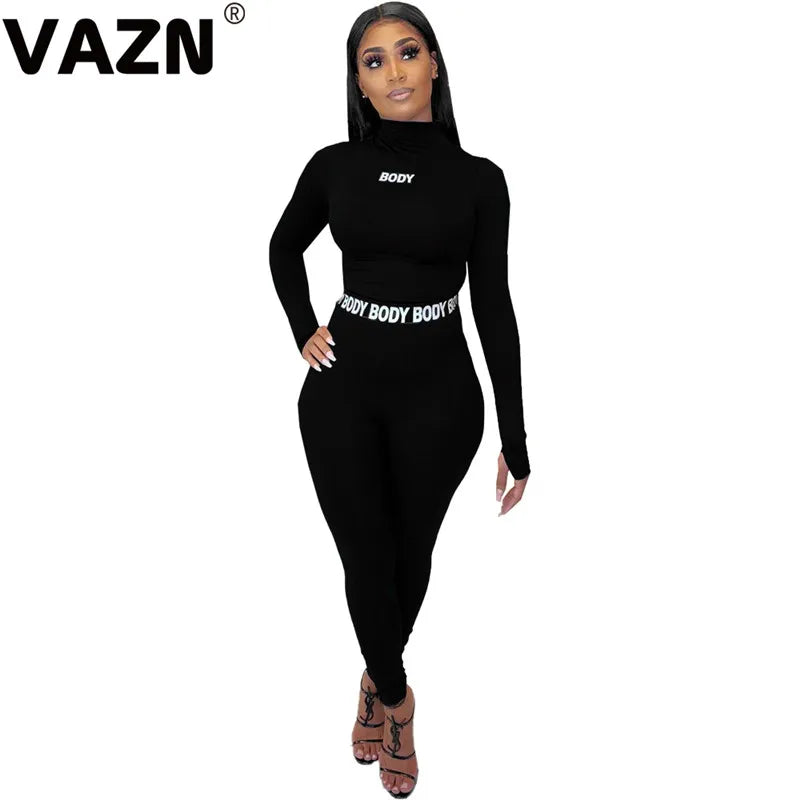 VAZN Women Long Sleeve CropTop Slim Outfit Tracksuit Two Pieces Set letter Print High elastic Skinny Leggings Female Sportswear