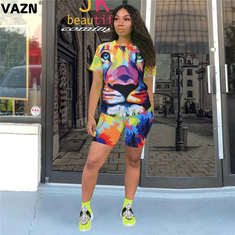 VAZN 2020 Sexy Tie Dye Two Piece Set V-neck Loose Elegant 2 Piece Set Women Short Sleeve Top And Short Pant Summer Sets