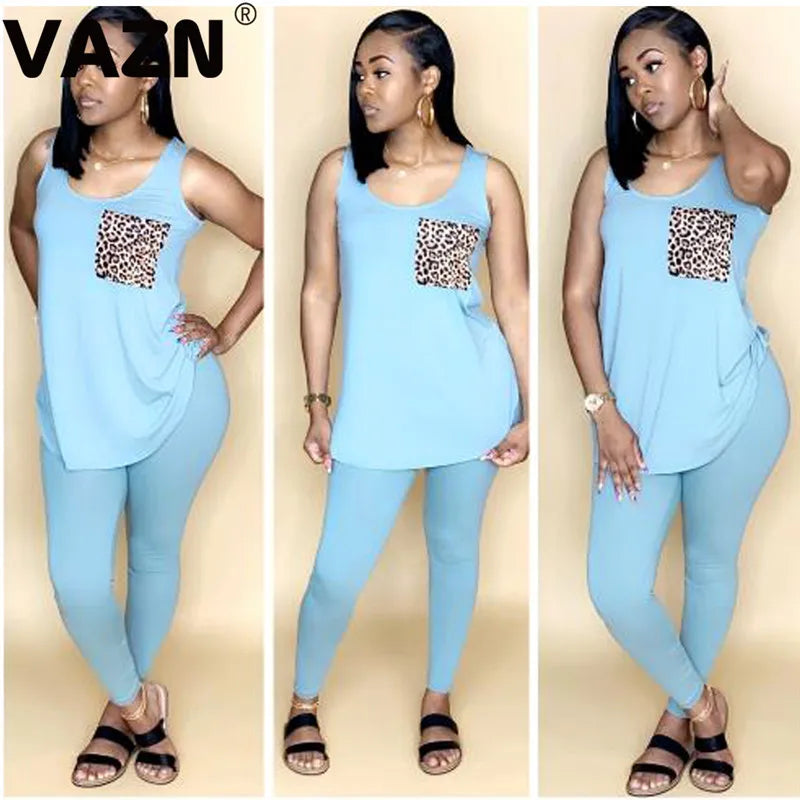 VAZN 2020 Women Sleeveless Slim Outfit Tracksuit Two Pieces Set Leopard Print Pocket Skinny Leggings Female Sportwear