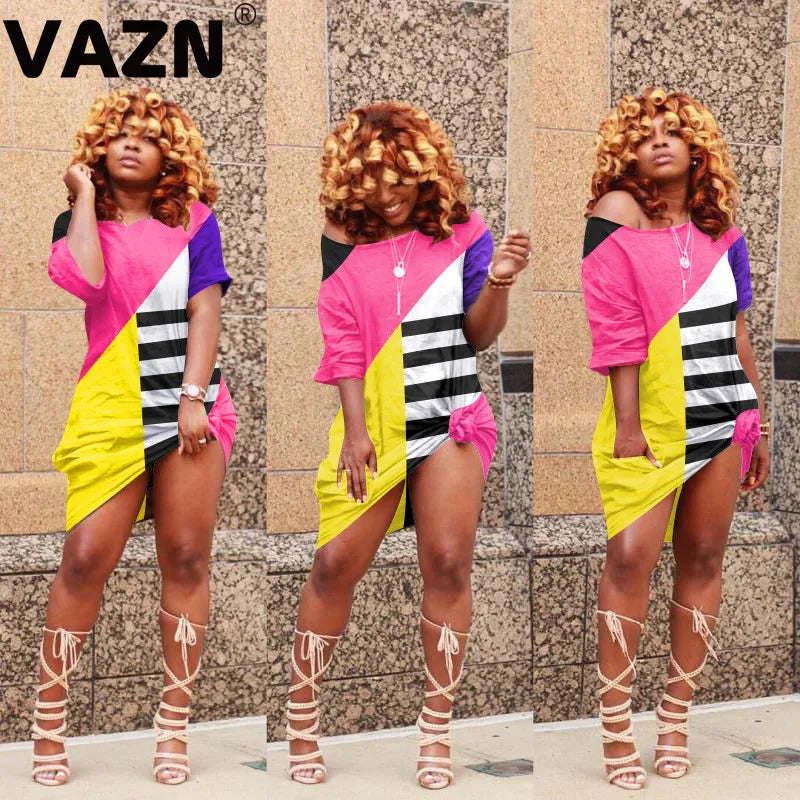 VAZN 2020 Summer Office Lady Women Deep Female Ladies Patchwork Dress Short Sleeve Deep Loose Dress Sexy Mini Beach Dress