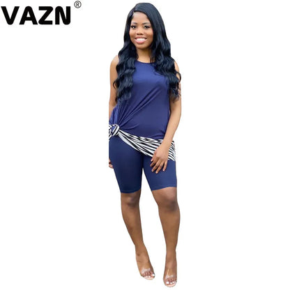 VAZN 2020 New Summer Energetic Sleeveless O-neck Short Pant 2PCs Set Casual Beach Clothing Ladies Women Sets