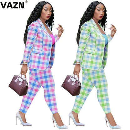 VAZN 2020 Elegant Women Casual Shinny Plaid Outfit Two Pieces Set Full Sleeve O-neck Full Pant Office Lady Sets