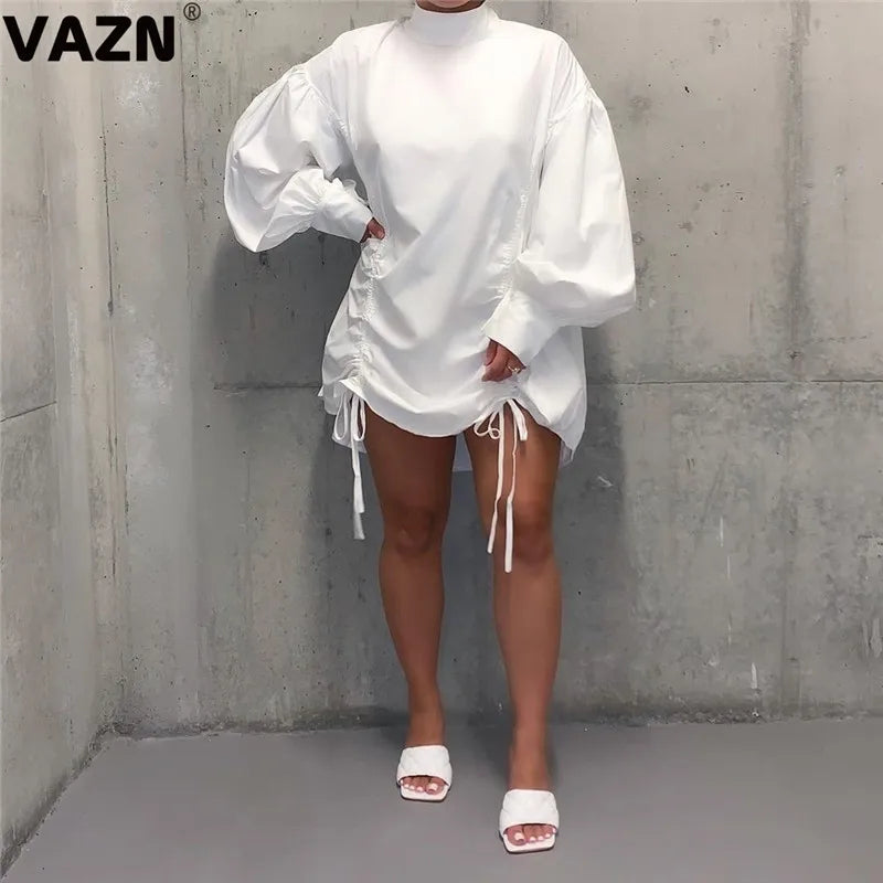 VAZN 2020 Sexy Summer Stacked Ruched Casual Mini Dresses Long Sleeve Turtleneck Deep Dress Sexy Beach Holiday Elegant Dress