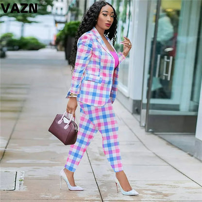 VAZN 2020 Elegant Women Casual Shinny Plaid Outfit Two Pieces Set Full Sleeve O-neck Full Pant Office Lady Sets