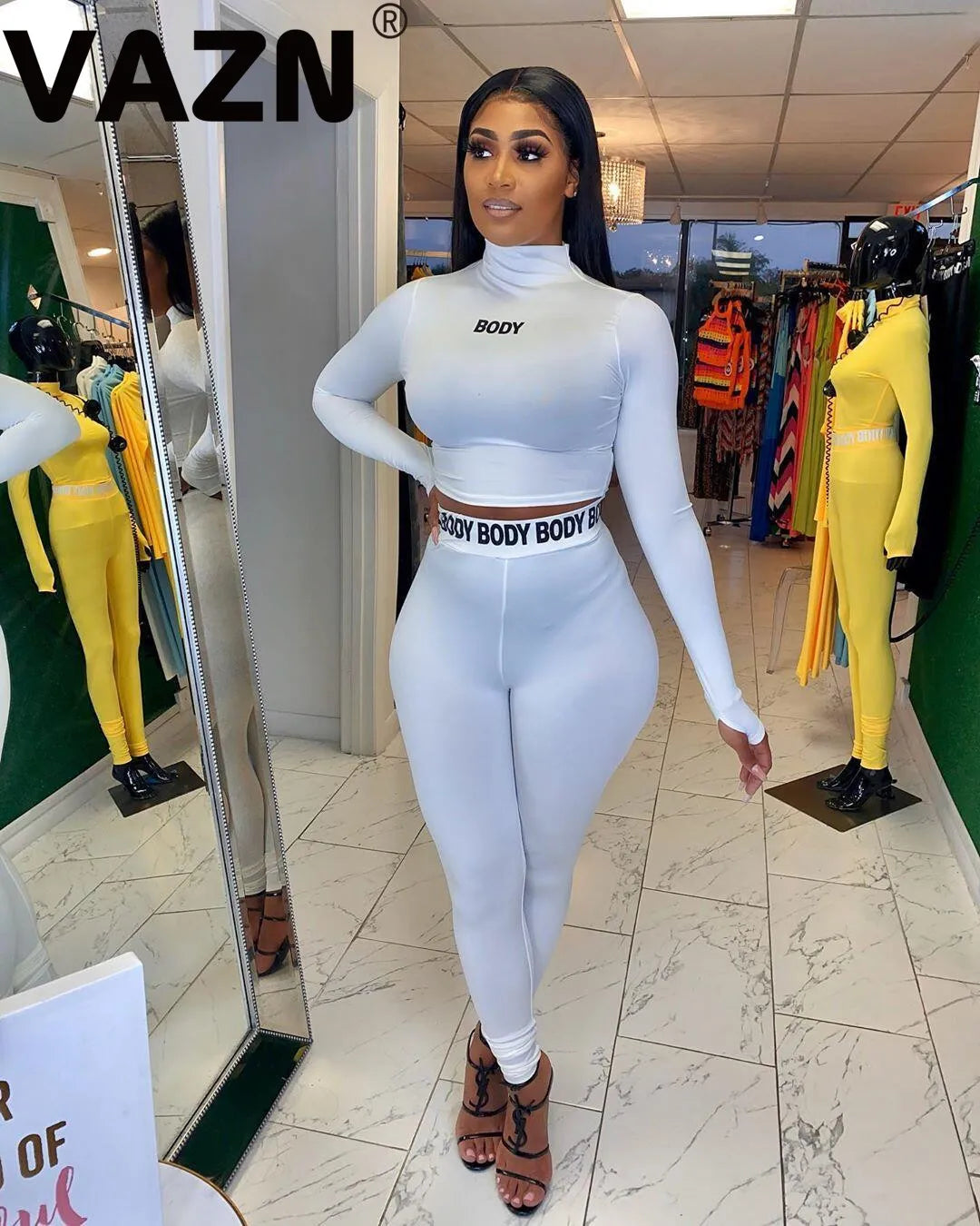 VAZN Women Long Sleeve CropTop Slim Outfit Tracksuit Two Pieces Set letter Print High elastic Skinny Leggings Female Sportswear