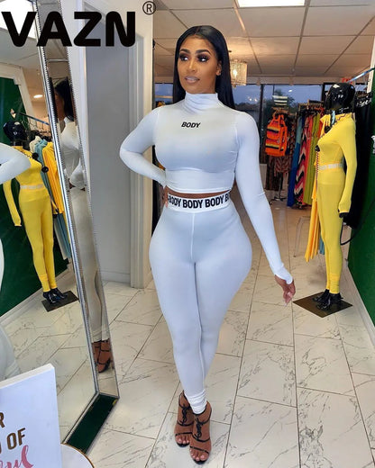 VAZN Women Long Sleeve CropTop Slim Outfit Tracksuit Two Pieces Set letter Print High elastic Skinny Leggings Female Sportswear