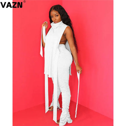 VAZN 2020 Hot Sale Women Casual Office Lady Solid Slash neck Outfit Two Pieces Set Sleeveless Full Pant Sport Running Sets