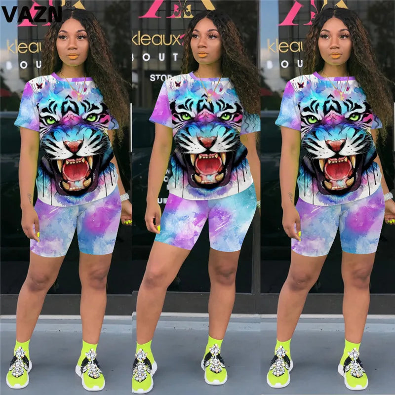 VAZN 2020 Sexy Tie Dye Two Piece Set V-neck Loose Elegant 2 Piece Set Women Short Sleeve Top And Short Pant Summer Sets