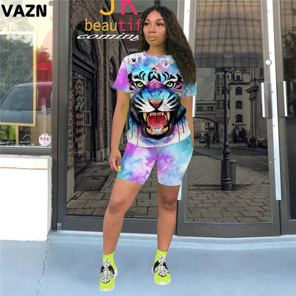 VAZN 2020 Sexy Tie Dye Two Piece Set V-neck Loose Elegant 2 Piece Set Women Short Sleeve Top And Short Pant Summer Sets