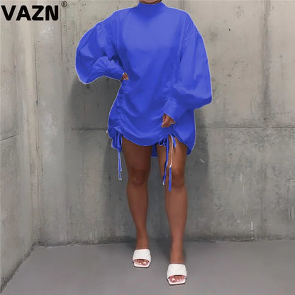 VAZN 2020 Sexy Summer Stacked Ruched Casual Mini Dresses Long Sleeve Turtleneck Deep Dress Sexy Beach Holiday Elegant Dress