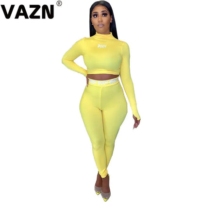 VAZN Women Long Sleeve CropTop Slim Outfit Tracksuit Two Pieces Set letter Print High elastic Skinny Leggings Female Sportswear