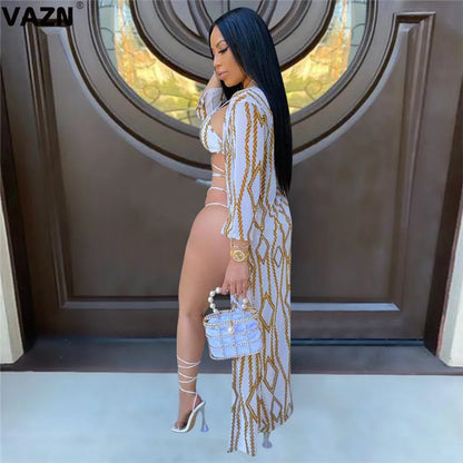 VAZN 2020 New Beach Boho Night Party Sexy Print Outfits Women Full Sleeve Short Pant Summer Holiday Sets