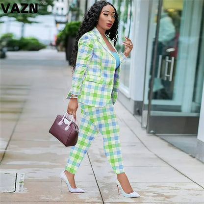 VAZN 2020 Elegant Women Casual Shinny Plaid Outfit Two Pieces Set Full Sleeve O-neck Full Pant Office Lady Sets