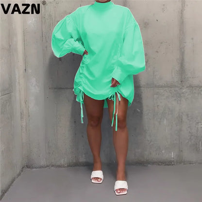 VAZN 2020 Sexy Summer Stacked Ruched Casual Mini Dresses Long Sleeve Turtleneck Deep Dress Sexy Beach Holiday Elegant Dress