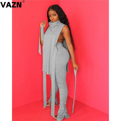 VAZN 2020 Hot Sale Women Casual Office Lady Solid Slash neck Outfit Two Pieces Set Sleeveless Full Pant Sport Running Sets