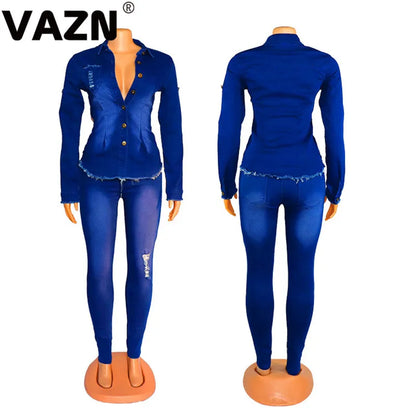 VAZN Shinny Sport Blue Casual Tracksuit for Women 2020 Denim Set full sleeve 2 Piece Sets Night Club Young Lady Sport Sets