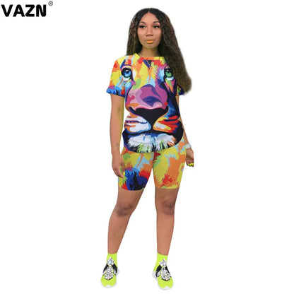 VAZN 2020 Sexy Tie Dye Two Piece Set V-neck Loose Elegant 2 Piece Set Women Short Sleeve Top And Short Pant Summer Sets