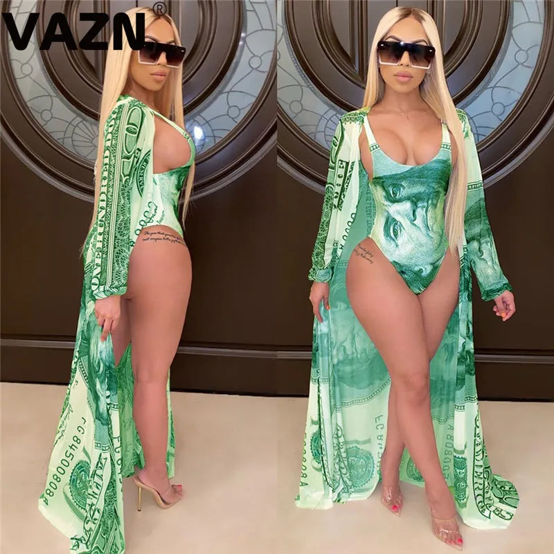 VAZN 2020 Summer Beach Wind Top Pant Matching Sets Sexy Club Birthday Outfits Sexy Pattern Print Mesh Spliced Two Piece Set