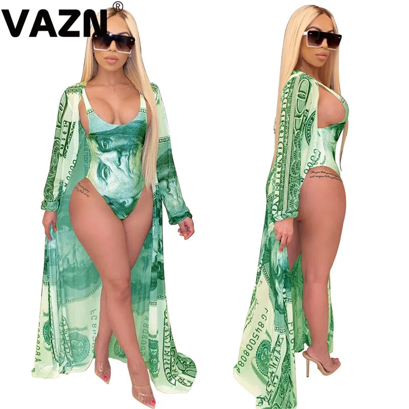 VAZN 2020 Summer Beach Wind Top Pant Matching Sets Sexy Club Birthday Outfits Sexy Pattern Print Mesh Spliced Two Piece Set