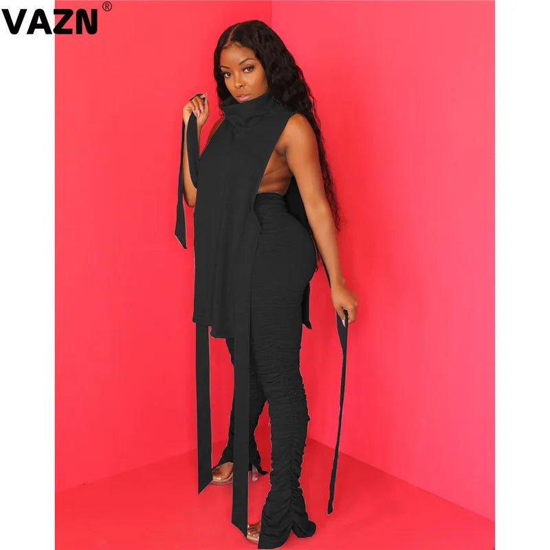 VAZN 2020 Hot Sale Women Casual Office Lady Solid Slash neck Outfit Two Pieces Set Sleeveless Full Pant Sport Running Sets