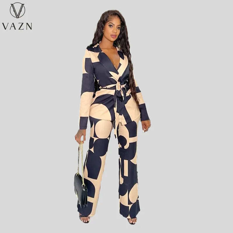 VAZN 2023 Hot Popular Retro Print Suit Set Office Lady Open Stitch Full Sleeve + Long Wide Leg Pants Women 2 Piece Set