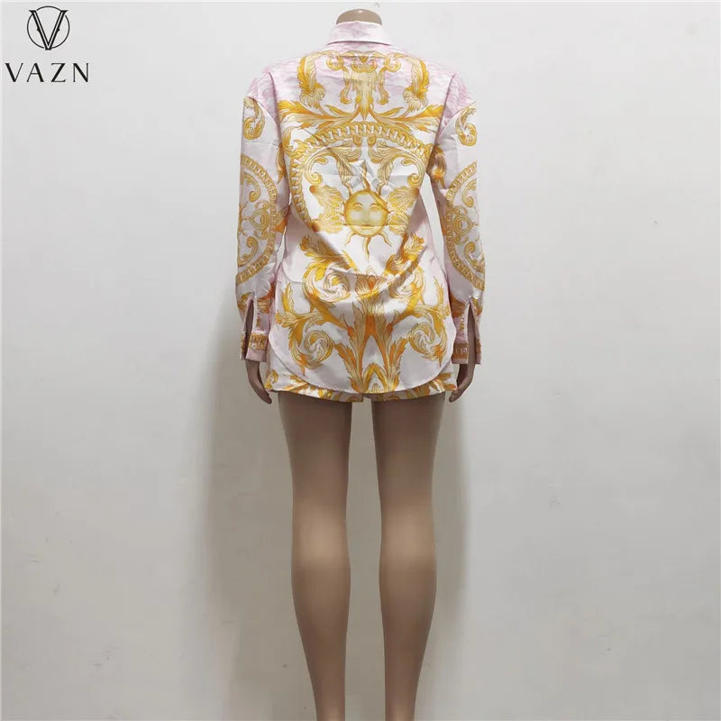 VAZN 2022 Long Sleeve Lapel Short Shirt Elastic Short Pants Printed 2 Piece Sets Ladies Fashion Street Casual Style Women Suit