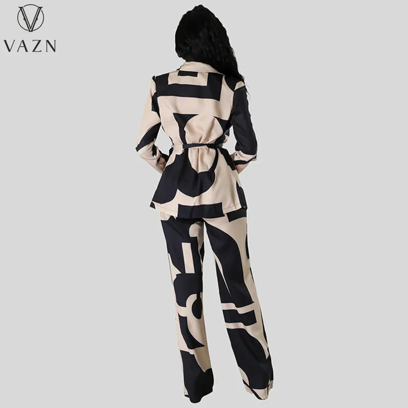 VAZN 2023 Hot Popular Retro Print Suit Set Office Lady Open Stitch Full Sleeve + Long Wide Leg Pants Women 2 Piece Set