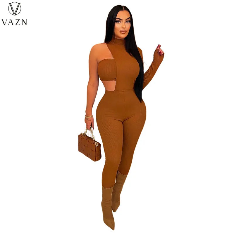 VAZN 2023 New Fashion Lady Sexy Street Style 2 Piece Sets Long Sleeve  Dew Shoulder Jumpsuits Long Pants Strapless Top Women Set