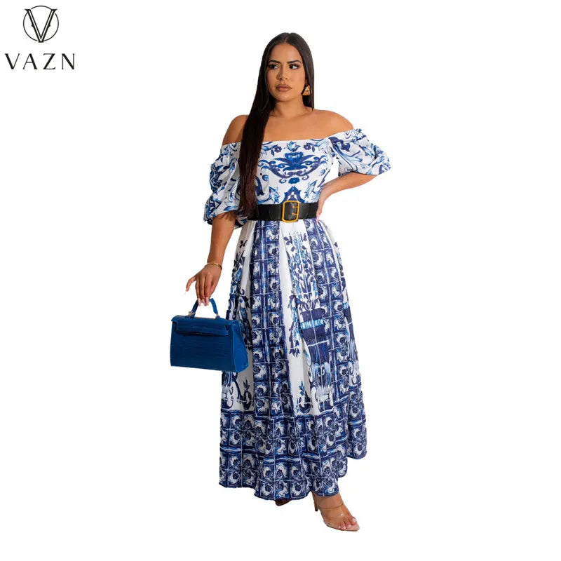 VAZN 2023 Hot Sale Women New High Street Style Long Dress Short Sleeve Card Shoulder Dress Printed Lady Floor Length Dress