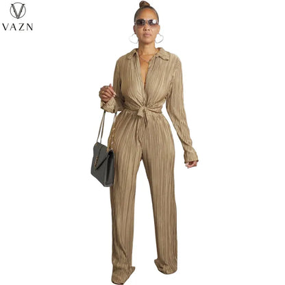 VAZN New 2022 Fashion Casual Street Style Women Suit Long Sleeve Lapel Shirt Top Long Pants Pure Color Two Piece Set