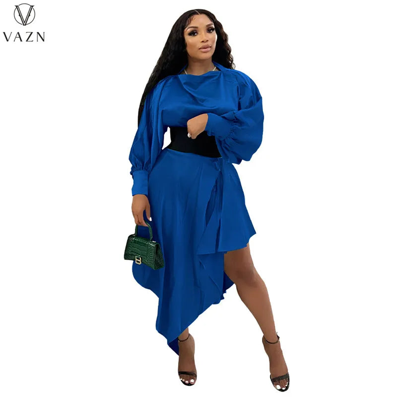 VAZN 2022 Fashion Street Girl Style Women Suit Long Sleeve Round Neck Top Elastic Mid Long Skirt Lady Pure Color 2 Piece Set