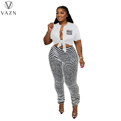 VAZN New 2023 Short Sleeve Deep V Short Top Elastic Long Pants Printed  Lady 2 Piece Set Sexy Street Style Women Suit