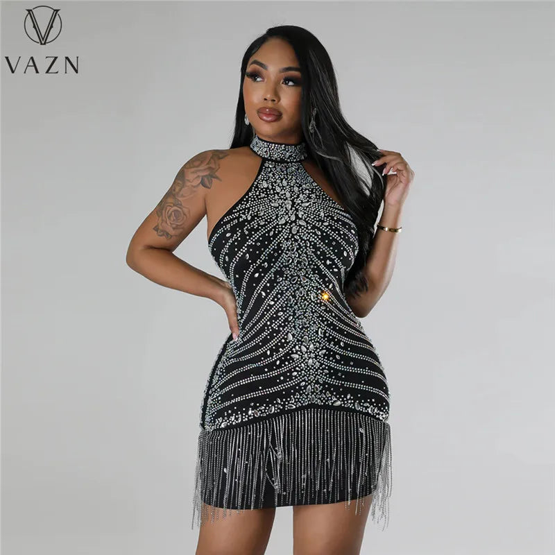 VAZN 2023 New Luxury Designer Solid Lace Sexy Club Hotsweet Diamonds Halter Off Shoulder Tassel High Waist Women Short Dress