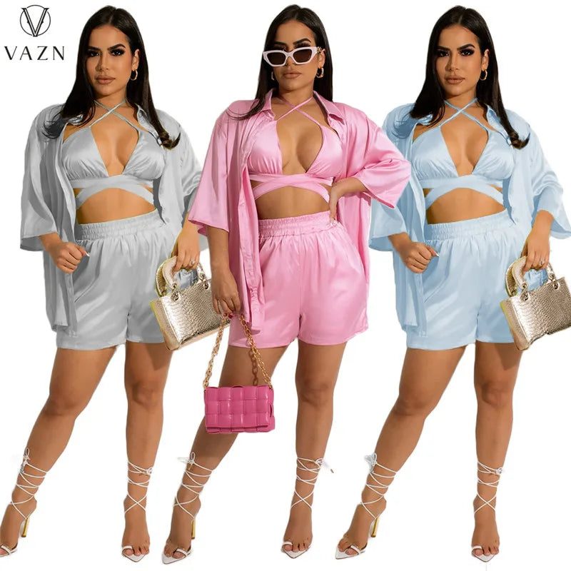 VAZN 2022 New Women Casual Holiday Style Sets Long Sleeve Outwear Short Top Elastic Short Pants Pure Color Lady 2 Piece Set